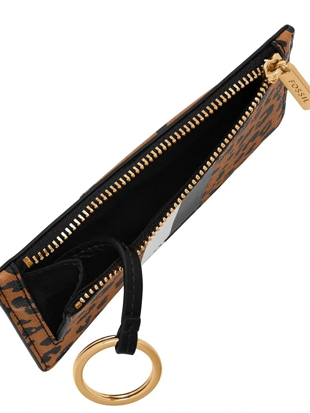 Fossil Leopard Black White Stripe Zip Card Holder Gold Keyring